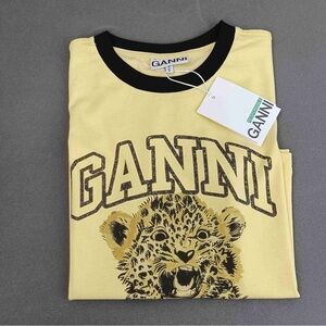 Ganni Yellow Tee with Black Trim and Leopard Graphic - Have a Nice Day